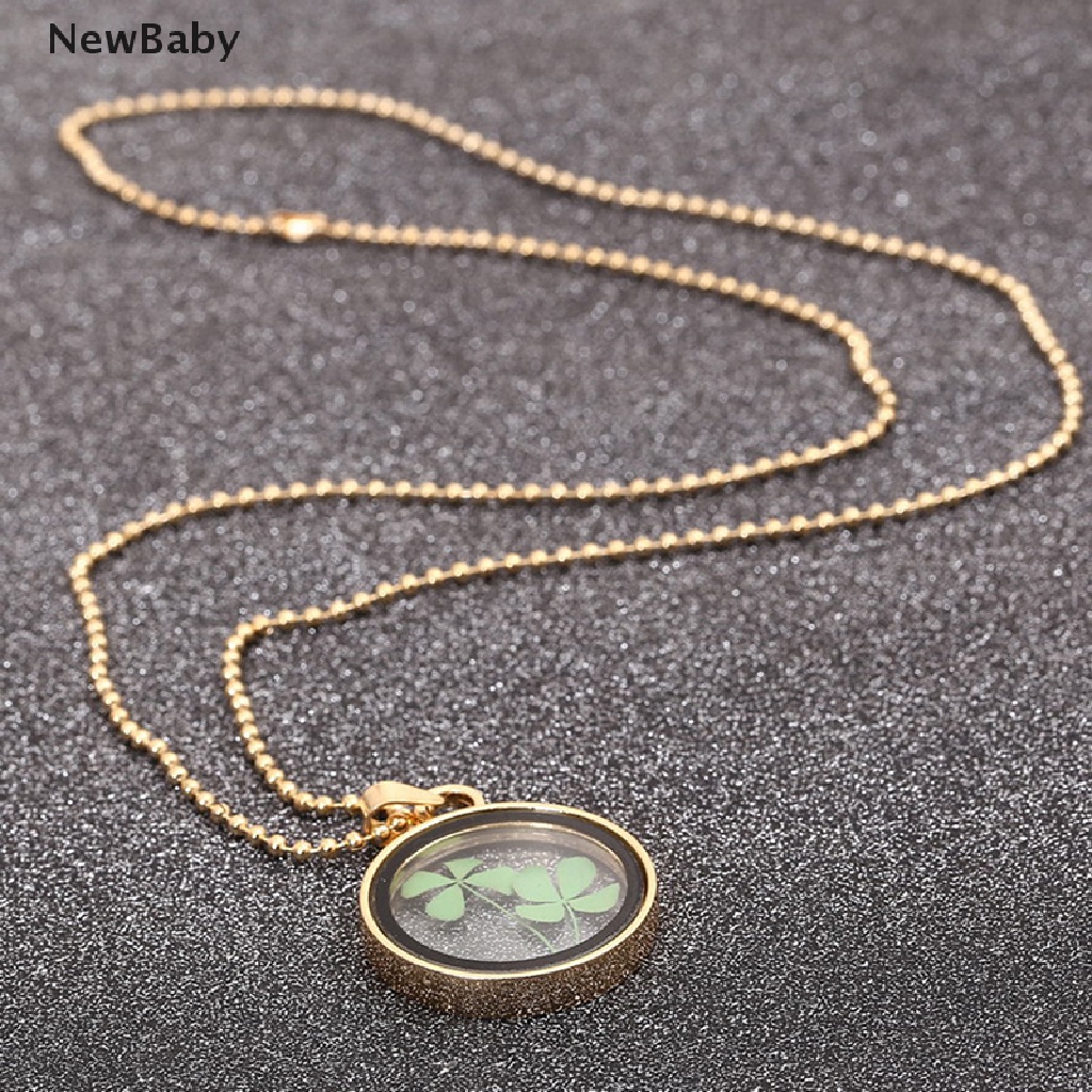 NewBaby Natural Real Dried Clover Flower Clear Resin Locket Pendant Necklace Four-Leaf ID