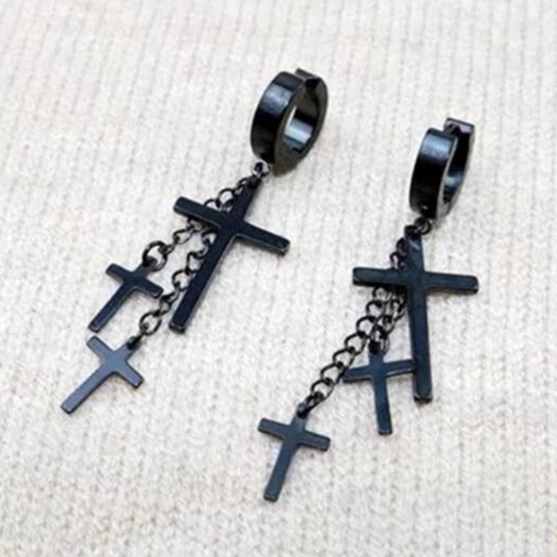 Anting Piercing Tindik Telinga Desain Salib Warna Hitam Bahan Stainless Steel 18g untuk Wanita
