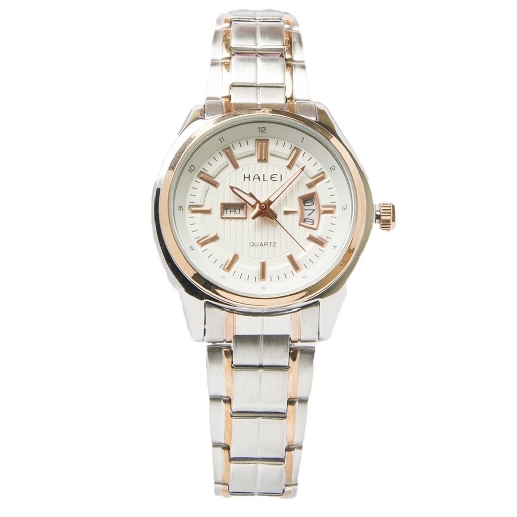 Jam Tangan Wanita Keren Anti Air Halei 8010 Original  Rantai Silver Kombinasi Gold  Hitam Plat Putih