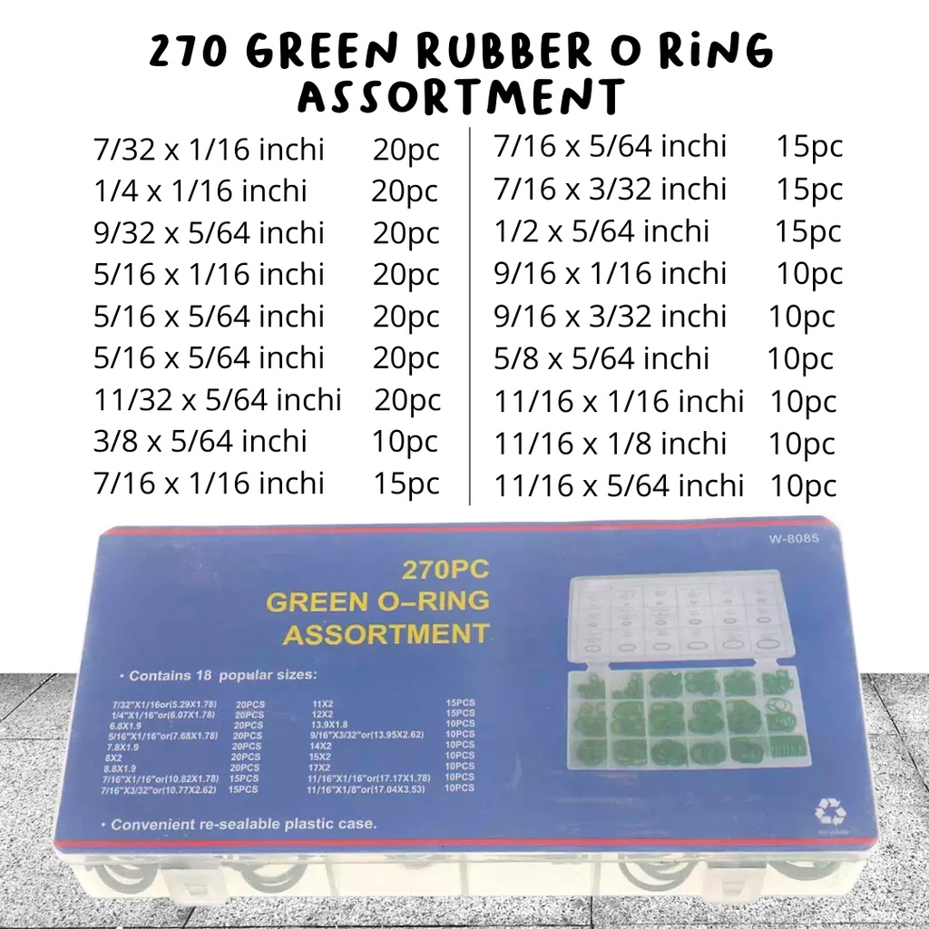 Isi 270PCS GREEN O-Ring Seal / Karet Rubber Oring Seal Tightening Assortment + box 18 ukuran 270 pcs