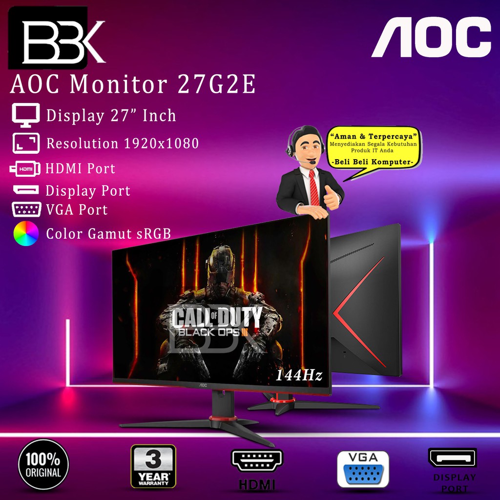 Monitor AOC 27G2E 27" Full HD 144Hz sRGB 118% LED 3Yr