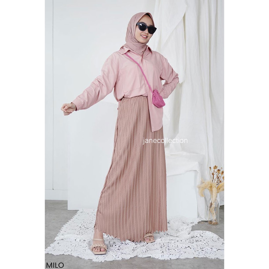 JANE COLLECTION || Maxi Skirt Bawahan Rok Hitam Hijab Muslim Mayung Hyget Plisket Motif Padi A Line [ Hitam Kuning Mustard Milo Mocca Dark Grey Abu Tua ] - Ishana Skirt