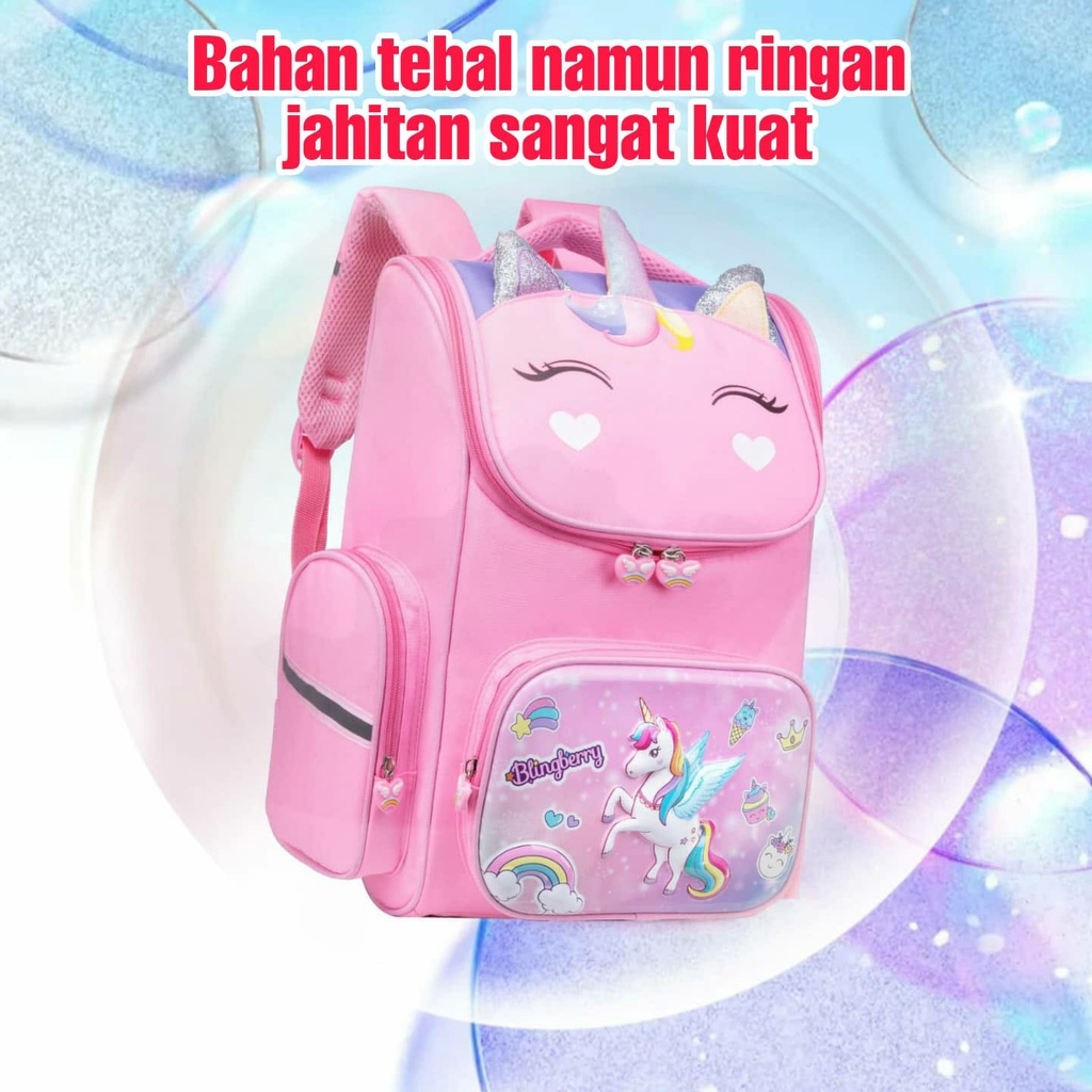 Tas Ransel Unicorn ANTI AIR Anak Perempuan BackPack Waterproof karakter UNICORN Import Kado ultah anak Super cute Anak Sekolah TK SD Perempuan. TAS RANSEL BLINGBERRY ORIGINAL IMPORT! TAS GROSIR!