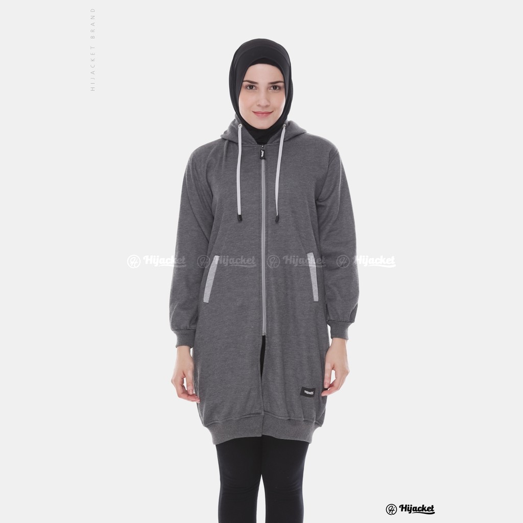 Hijacket Basic jaket hijab wanita Muslim Syari panjang polos tebal (COD bayar di rumah)-HJ4 Dark grey x grey