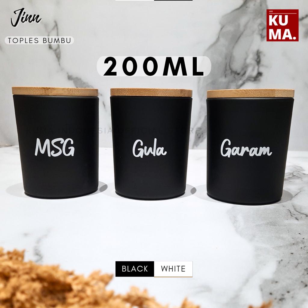 KUMA Jinn Toples Bumbu Dapur Kaca 200ml Tutup Kayu Bambu Black White Aesthetic Bahan Keramik Kaca Bamboo