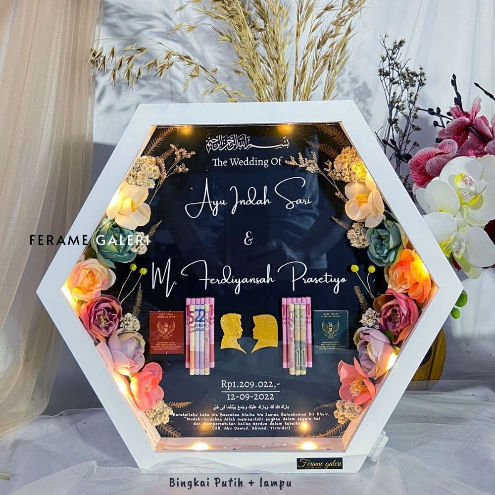 Bingkai Mahar Pernikahan 3D Pop Up Hexagonal Double Flower