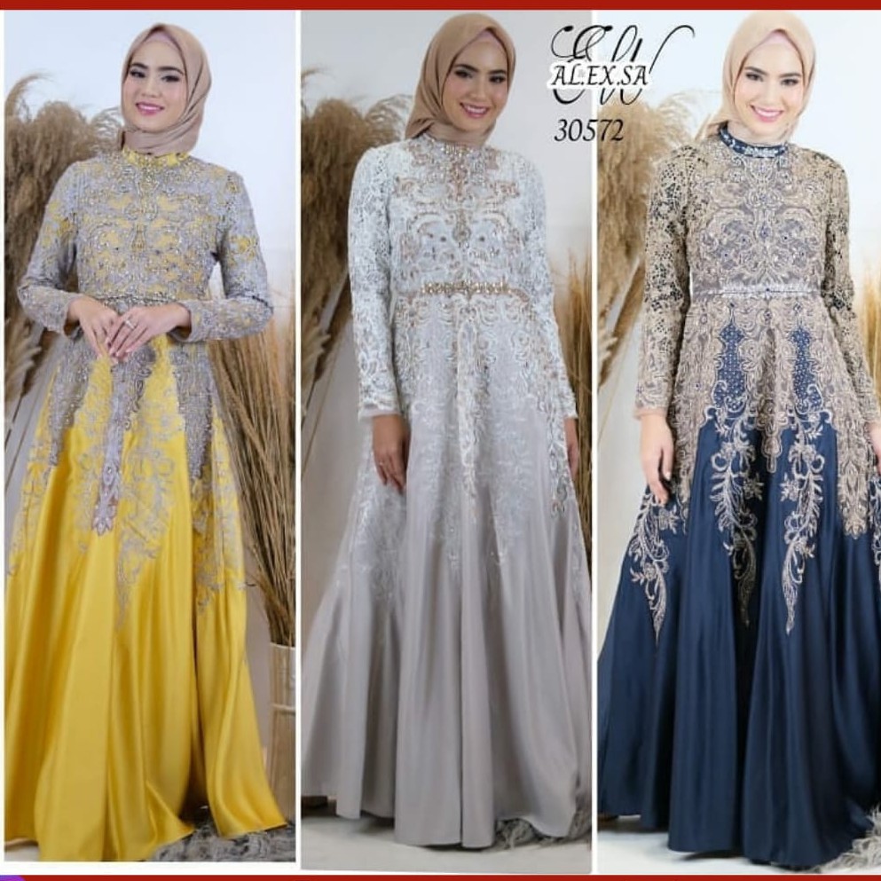 Gamis Brokat Pesta Mewah Alexa 30572 Baju Elizabethwinsby Bibiq Fashion Muslim Import Bahan Satin