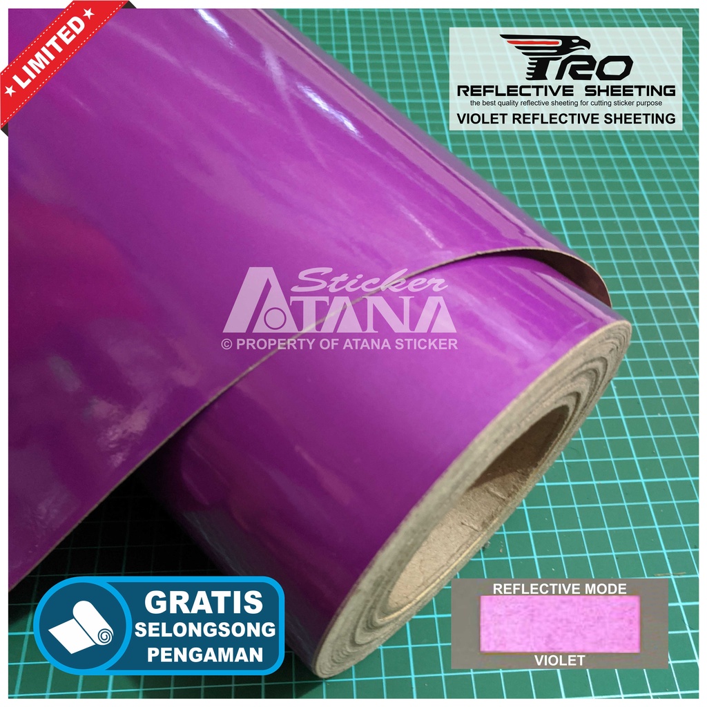 Bahan Stiker Cutting Ungu Pro Reflective Sheeting Skotlet Nyala Violet Printing Sticker Material Scotchlite Scotlet Reflektif Sechotlite Memantulkan Cahaya Flash Malam Hari Mata Kucing Prolite 3M Oralite Seicholite Asahi Kiwalite Oracal Mesin Plotter