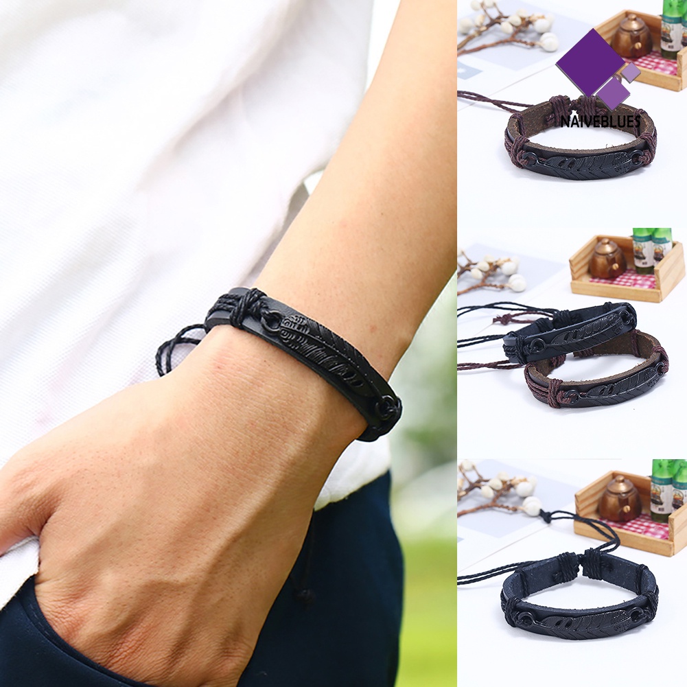 Naiveblue &gt; Gelang Tangan Kulit Imitasi Adjustable Motif Bulu Untuk Pria