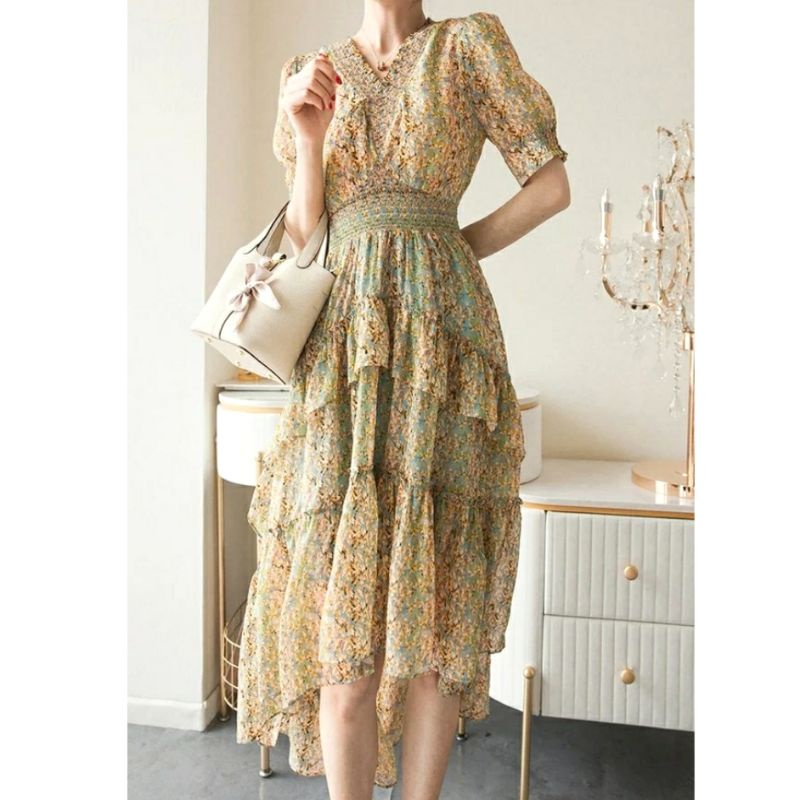 MDLV ~ 12344# Sydney Asymmetric Tiered Dress Long Dress Flower Layer Dress Korea Look Fashion import