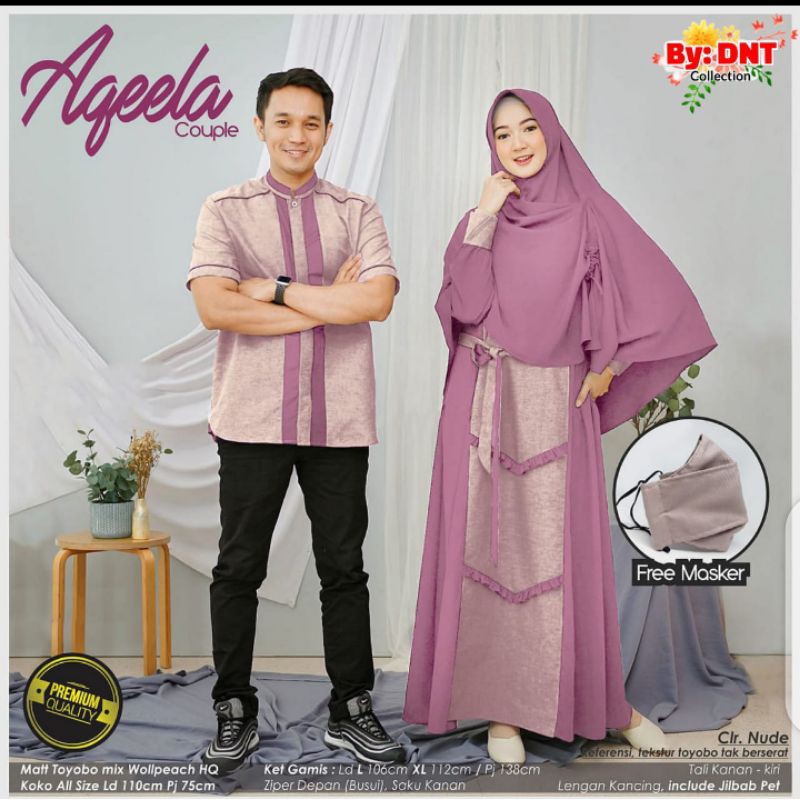 Free masker Couple gamis syari set khimar pet dan koko lengan pendek gamis L XL Aqeela Couple