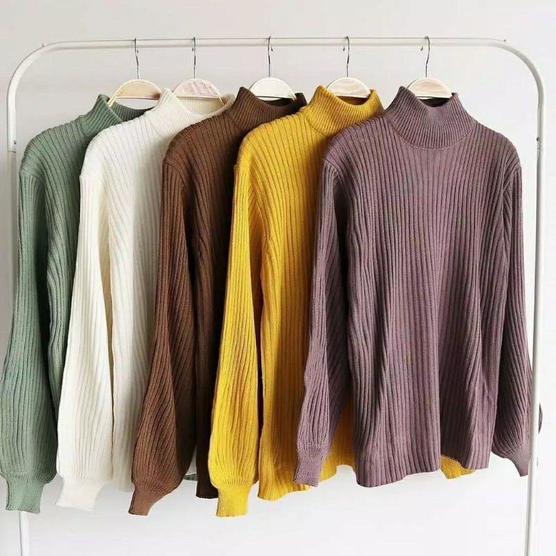 SWEATER BAYONETA BALLON KNIT/BAJU RAJUT WANITA KERAH TINGGI TANGAN BALON/OVER SIZE