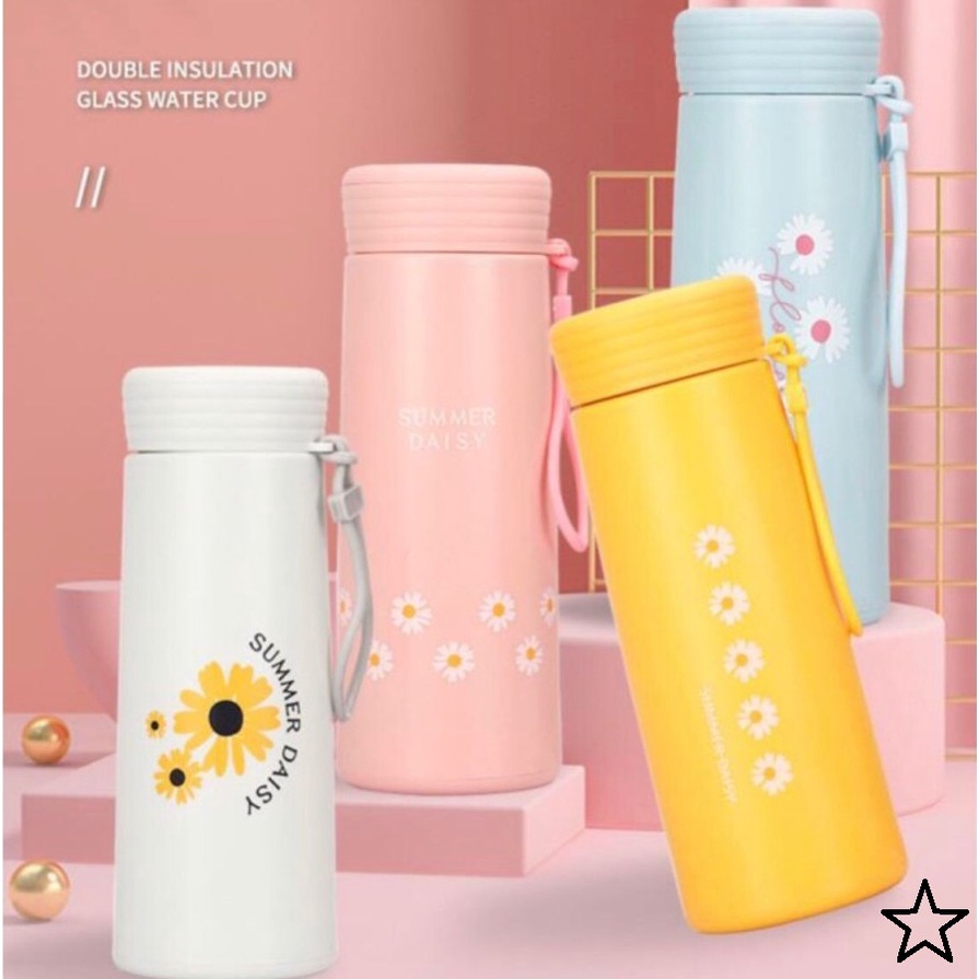 BELLA - BOTOL / TERMOS MINUM KACA DAISY SUMMER ADA STRAP DAN BOX