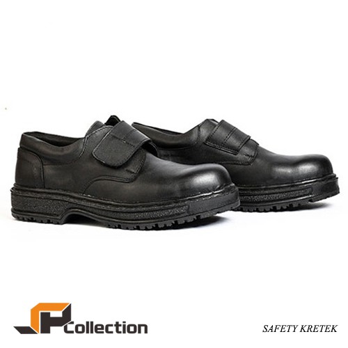 Sepatu Safety Pendek Kretekan Warna Hitam Dengan Besi Diujung Sepatu Bahan Kulit Sapi Asli Dan Awet