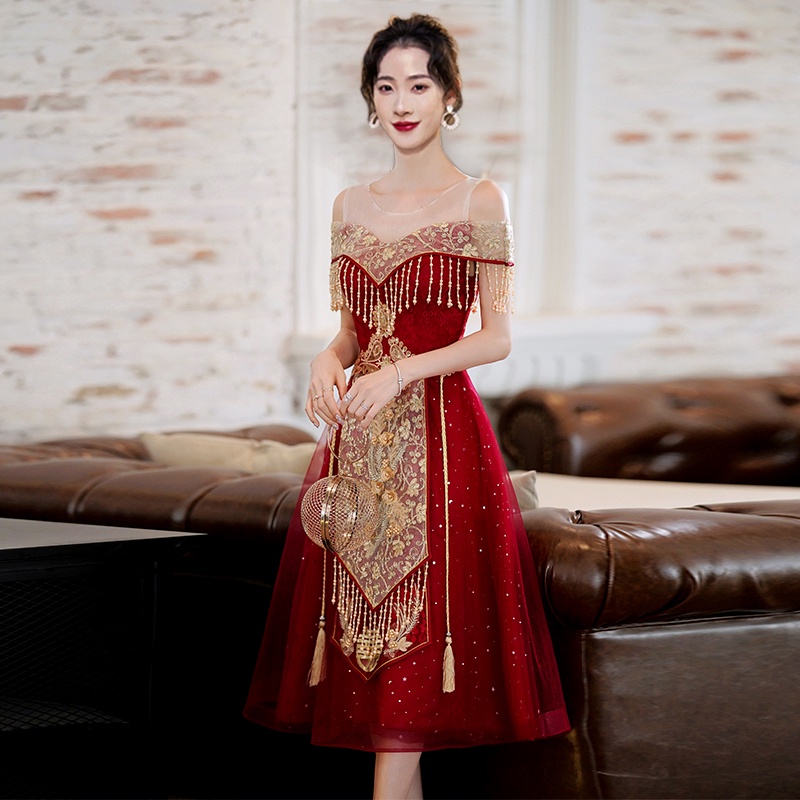 T1020 Gaun Import Midi Gaun Pesta Gaun Sangjit Party Dress Merah Maroon S - 3XL Jahit Custom