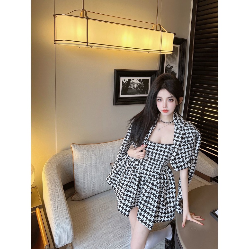 2022 musim semi houndstooth wanita lengan panjang kardigan mantel + suspender gaun rok tutu setelan