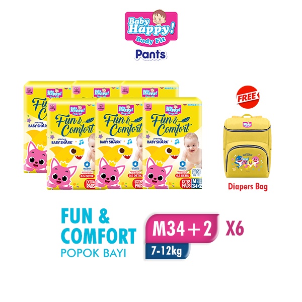 Baby Happy Pants Popok Celana Pinkfong Baby Shark M34+2 x6 Free Diapers Bag