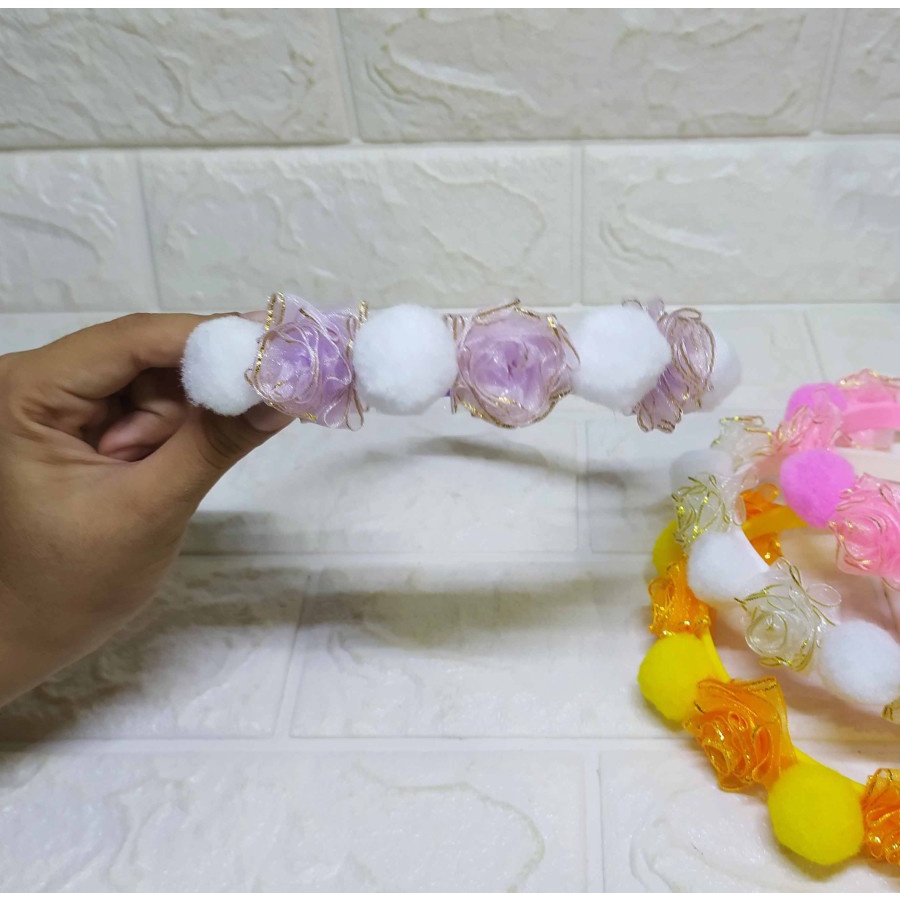 Bando Mawar Pom Pom - Aksesoris Rambut, Bando Cantik Lucu dan Imut