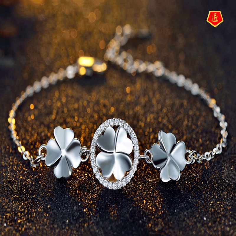 [Ready Stock]Fashion Sweet Diamond Four-Leaf Clover Silver Bracelet