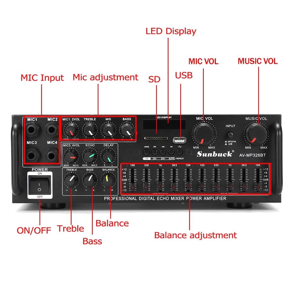 (COD/Bayar Di Tempat) Sunbuck Amplifier Audio Ampli Karaoke Equalizer Bluetooth Stereo Treble Bass Booster 2000 Watt