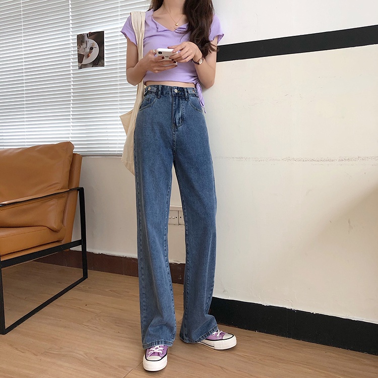 Perempuan Korea Fashion Lurus longgar Kasual lebar Leg Jeans