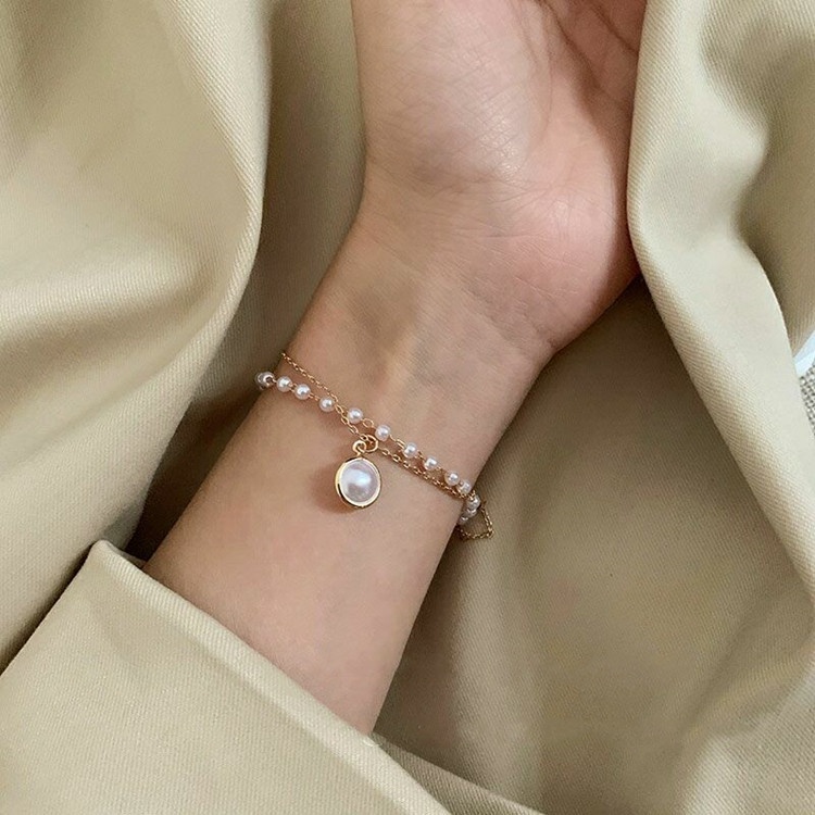 Gelang Rantai Mutiara Lapisan Ganda Dapat Disesuaikan Gaya Korea Untuk Wanita