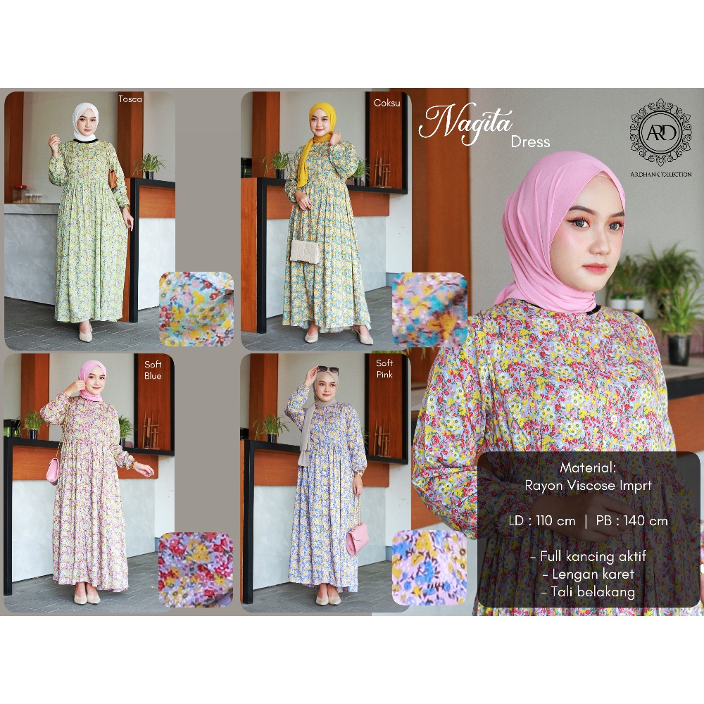 Nagita Dress  - Gamis Dress Casual Rayon Viscose Import Motif Bunga