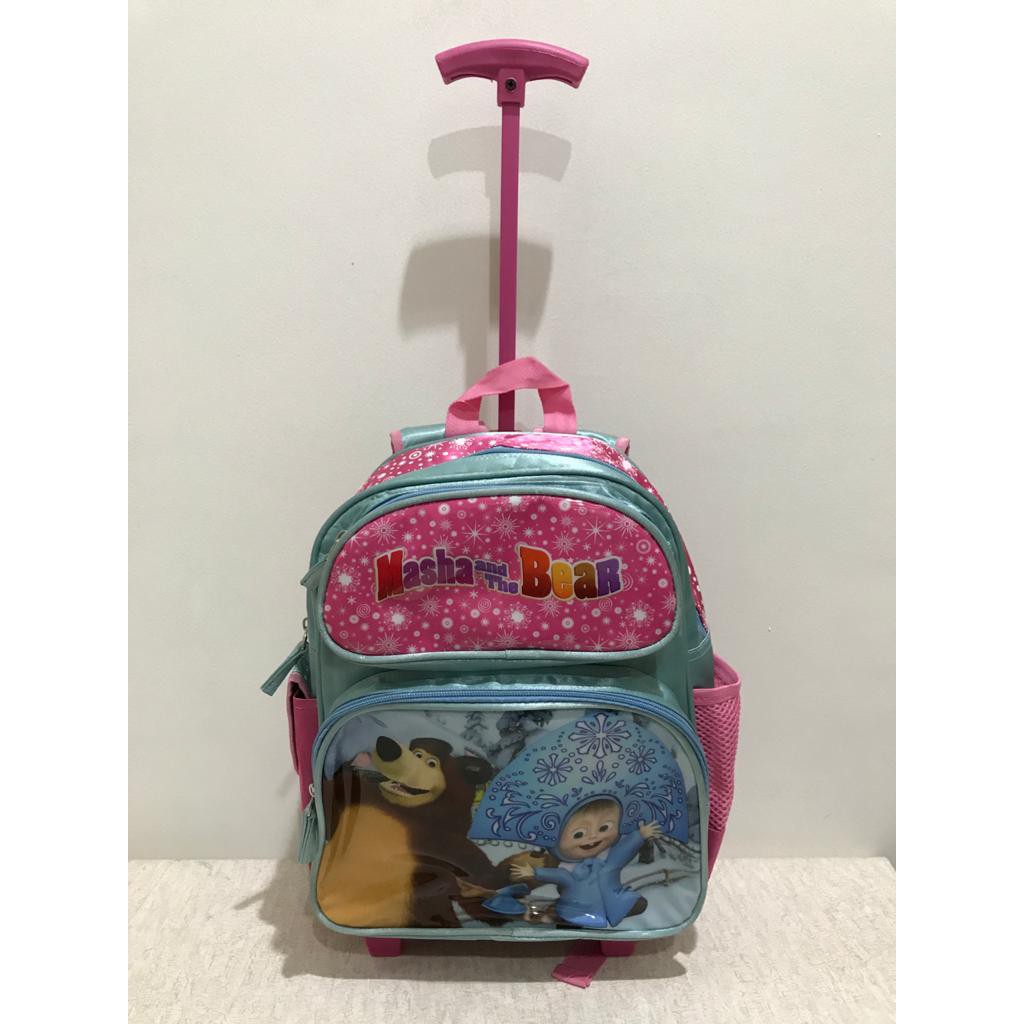 TAS TROLLY (TROLLEY) SEKOLAH ANAK ORIGINAL MASHA AND THE BEAR WARNA PINK (25x10x30cm) (PxLxT)