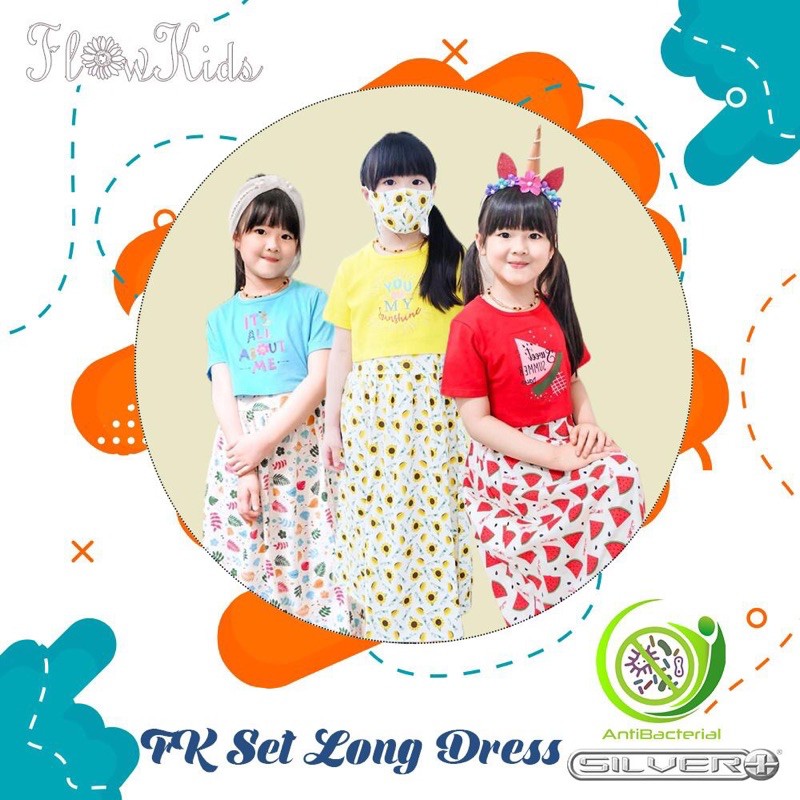 FK Set Long Dress Free Masker longdress flower kids set masker anak earloop