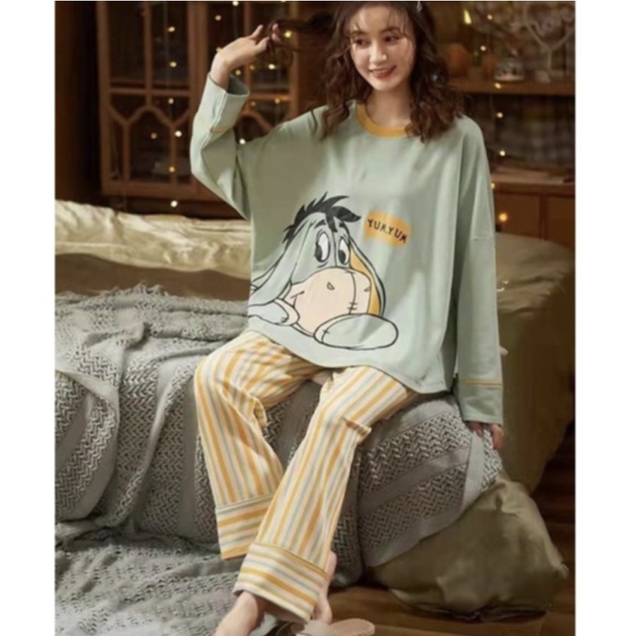 BAJU TIDUR WANITA MUSLIMAH KAOS IMPORT SET CELANA PANJANG BIG M-2XL