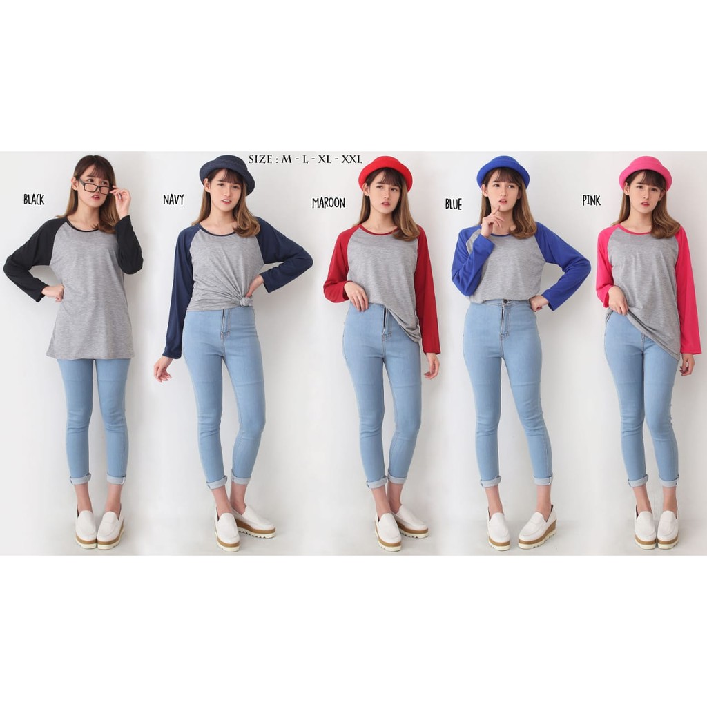 Atasan wanita | Kaos wanita | Kaos Raglan | Kaos lengan 3per4 | Raglan polos | Kaos Polos Abu Muda