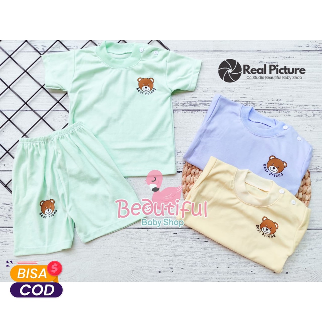 Setelan Pendek Bayi 3-12 Bulan Motif Polos Bear / Baju Bayi Pendek / Setelan Harian Bayi / Kaos Oblong Bayi &amp; Anak Kancing Pundak / Baby.ou