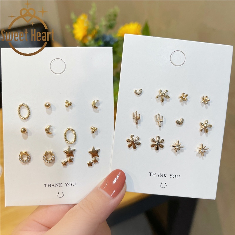 S925 Sterling Silver Needle Earrings 6pairs/set Plain Geometric Diamonds Simple Versatile Temperament Pierced Earrings Sweet Heart Jewelry