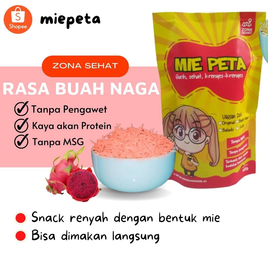 

Mie PETA - mie kriuk langsung makan - buah naga kemasan paper foil 100gr SALE MURAH - mie tempe - snack sehat non MSG