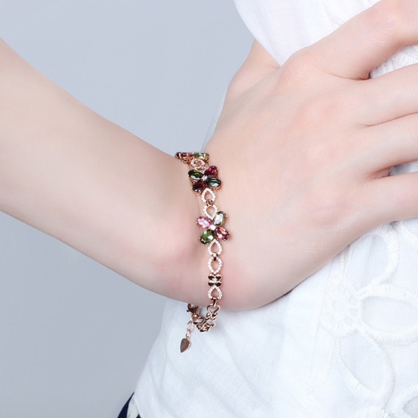 Gelang Bahan Stainless Steel Lapis Rose Gold Bentuk Daun Clover Aksen Batu Permata Warna-Warni