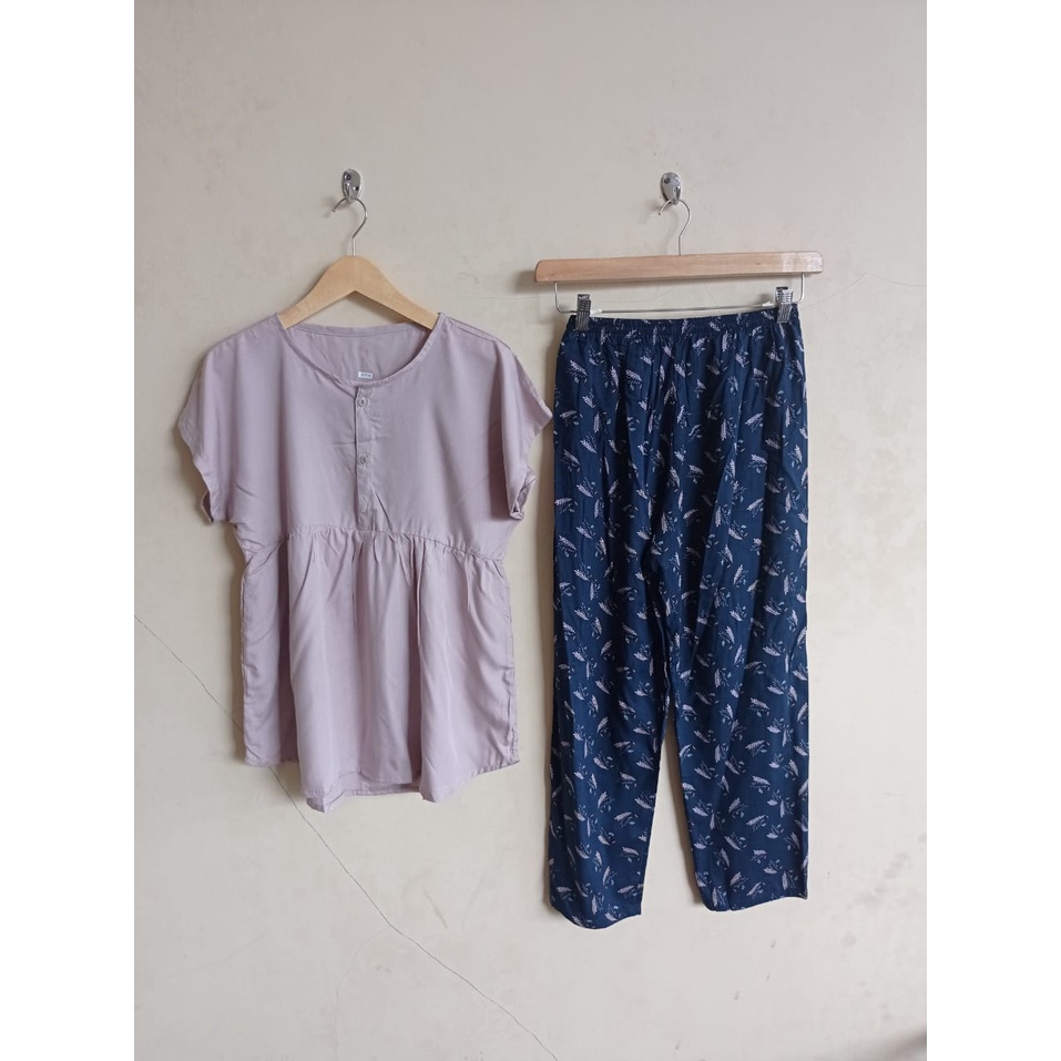 SETELAN BAJU TIDUR PIYAMA WANITA ONE SET PAJAMAS RUFFLE KANCING BUSUI CELANA PANJANG-BBR 30