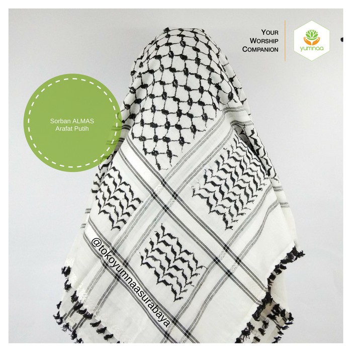 ⭐⭐⭐⭐⭐ Sorban Arab Almas Arafat Import Almas Hitam Putih Kuncir Surban Haji - Putih Diskon