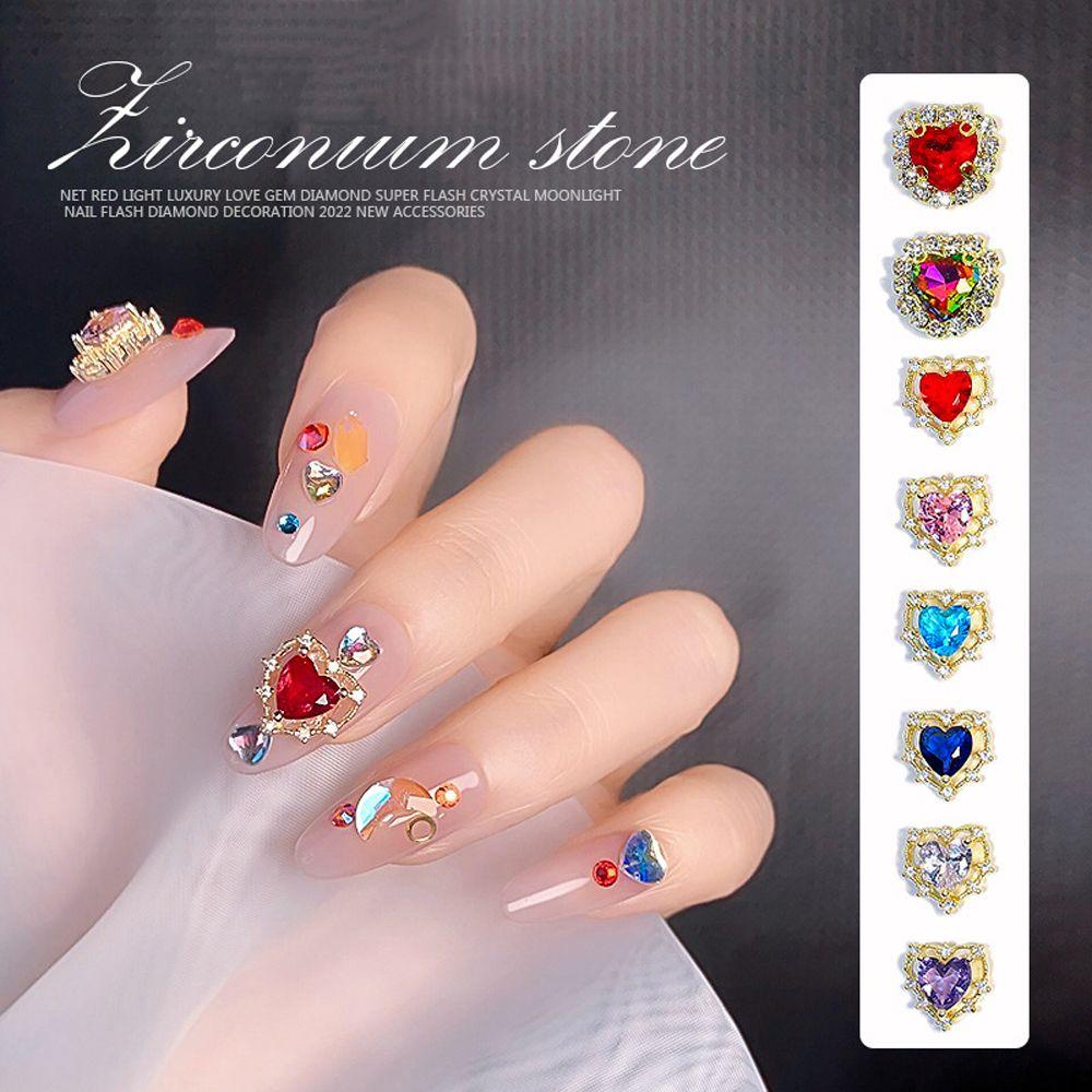 AUGUSTINA Agustina Hati Nail Art Dekorasi Wanita Warna-Warni Fashion Zirkon 3D Perhiasan Kuku