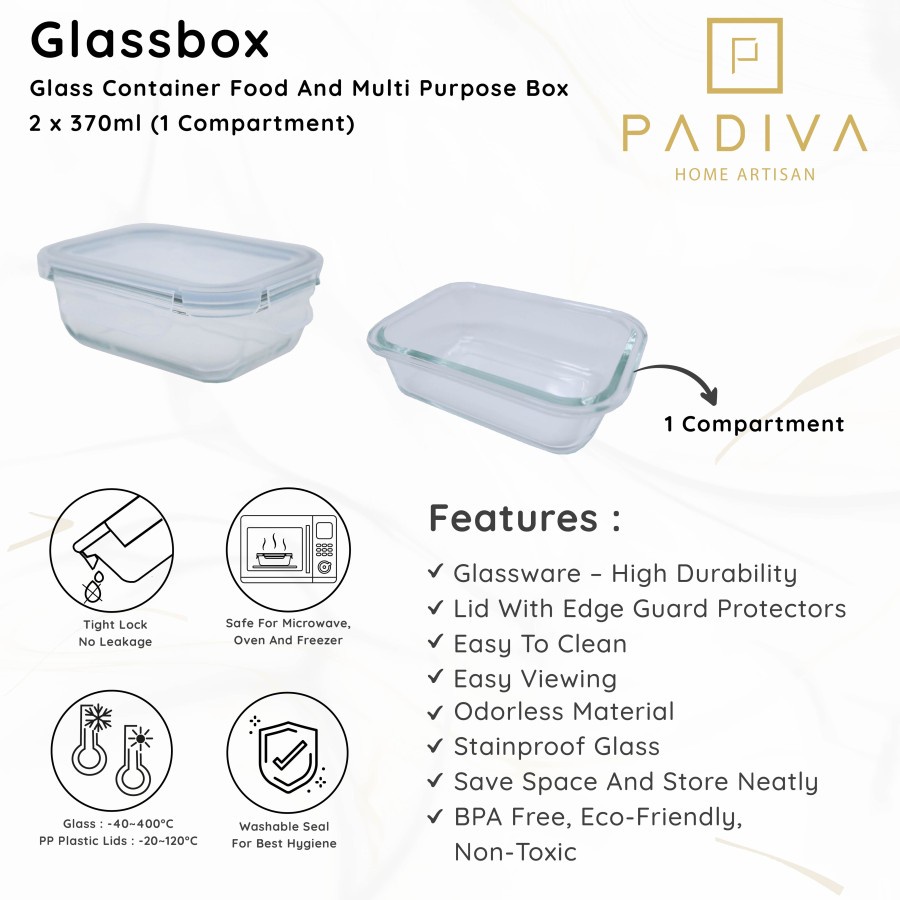 Padiva 370ml (2pcs) Glassbox 1 compartment Kotak Kaca Tahan Panas Microwave Tempat Bekel 370 ml