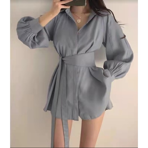 Women Summer Long Sleeve Belted Collar Mini Dress Wanita Lengan Panjang 1456 (S-XL)