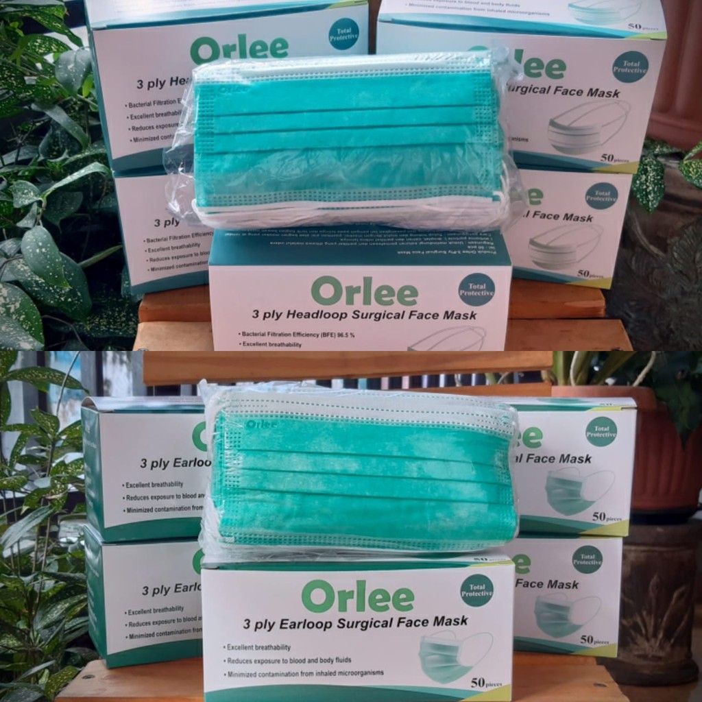 Orlee Masker Medis 3 Ply Earloop & Headloop Warna Hijau Surgical Mask / Kesehatan50 pcs