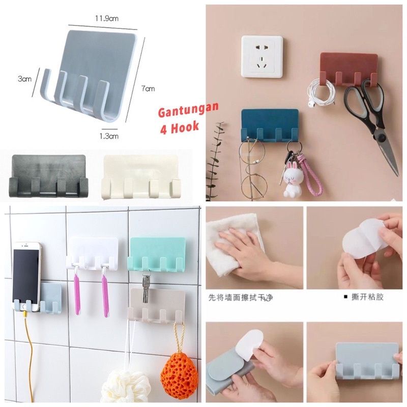 GANTUNGAN TEMPEL 4 HOOK AJAIB GANTUNGAN DINDING KAIT MAGIC SERBAGUNA KAMAR MANDI DAPUR / HANGER