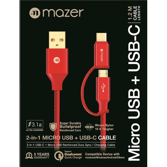 PROMO  Cable MazerFast Charging 2 in 1 Type C + Micro USB U72 - Original