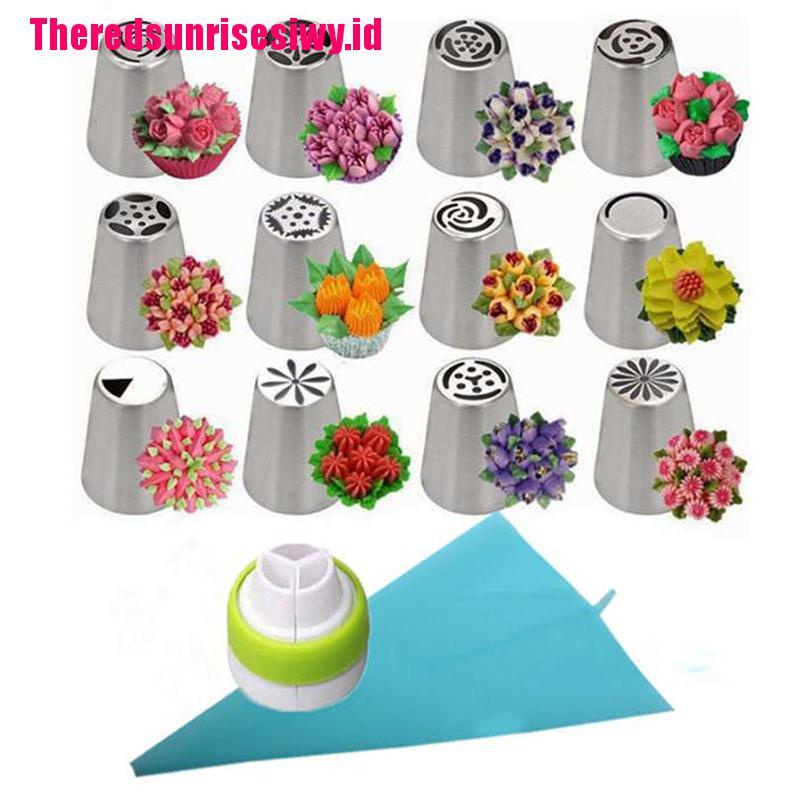 14pcs / Set Alat Nozzle Icing Piping Bentuk Tulip Rusia Bahan Stainless Steel Untuk Dekorasi Kue