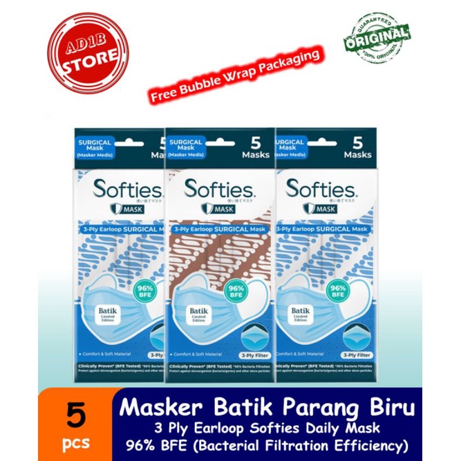 Masker Softies Surgical 3 Ply 5 pcs | Motif Batik parang warna Biru