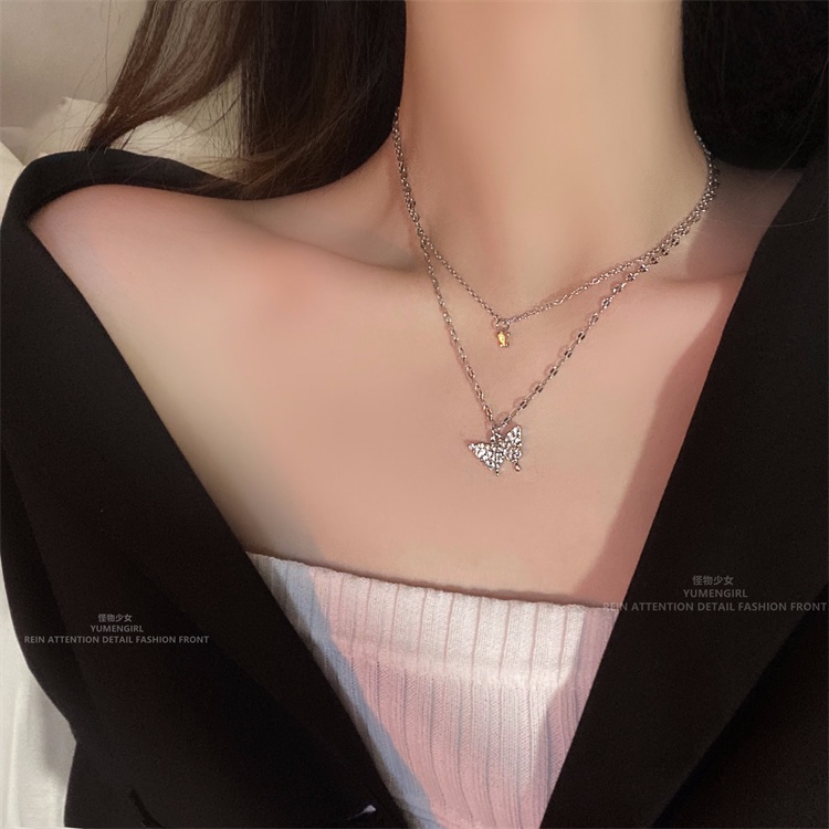 Kalung choker double Layer Aksen Kupu-Kupu Berlian