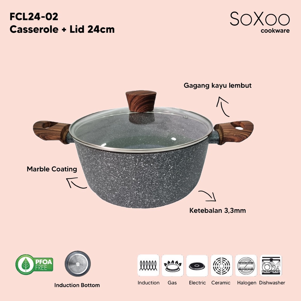 Panci Saucepot Soxoo 24 cm Marble Casserole Pot Induksi Anti Lengket