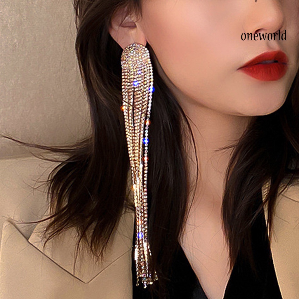 OW# Long Full Rhinestone Tassel Earrings Alloy Shiny Women Dangle Earrings Jewelry Accessories