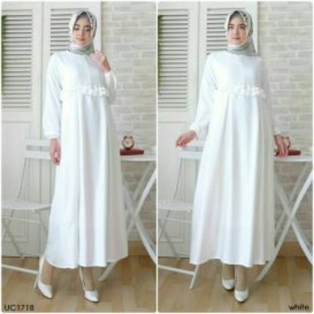 READY BRANDED ORIGINAL GAMIS SYARI UC 178 White Putih Bersih Ruffle Dada Maxmara