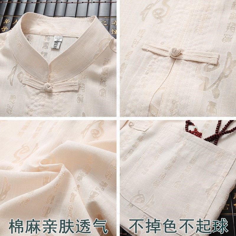 Baju bau katun dan linen lengan panjang pria jas musim panas ayah setelan setengah baya lansia Hanf